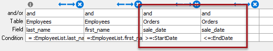 This shows the start date and end date added as conditions under the WHERE tab.